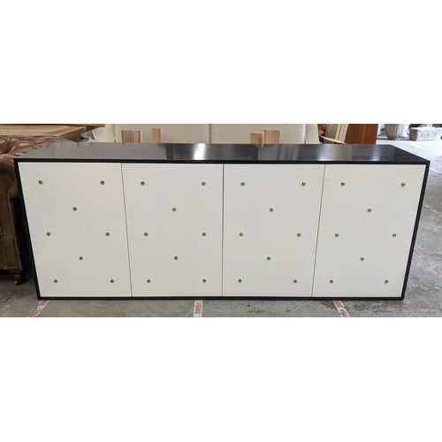 329 - SIDEBOARD, 210cm x 50cm x 81cm approx, black lacquered with white lacquered doors, gilt metal stud d... 