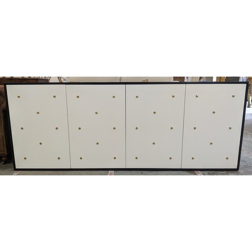 329 - SIDEBOARD, 210cm x 50cm x 81cm approx, black lacquered with white lacquered doors, gilt metal stud d... 