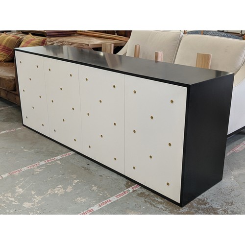 329 - SIDEBOARD, 210cm x 50cm x 81cm approx, black lacquered with white lacquered doors, gilt metal stud d... 