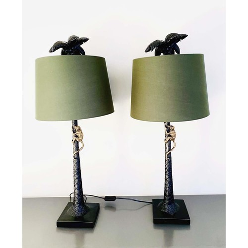 333 - TABLE LAMPS, a pair, with shades, 86cm H, bases in the form of palm trees with a climbing monkey. (2... 