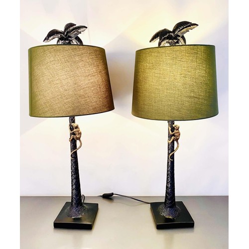 333 - TABLE LAMPS, a pair, with shades, 86cm H, bases in the form of palm trees with a climbing monkey. (2... 