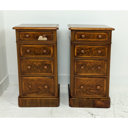 340 - BEDSIDE CHESTS, a pair, Victorian style burr walnut with four drawers, 73cm H x 37cm W x 36cm H. (2)