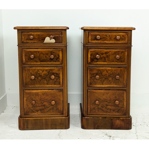 340 - BEDSIDE CHESTS, a pair, Victorian style burr walnut with four drawers, 73cm H x 37cm W x 36cm H. (2)