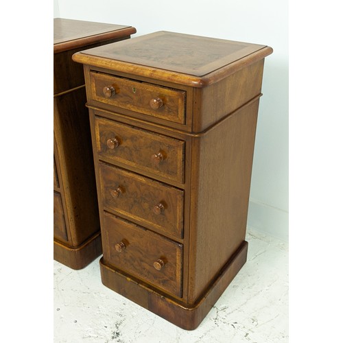 340 - BEDSIDE CHESTS, a pair, Victorian style burr walnut with four drawers, 73cm H x 37cm W x 36cm H. (2)