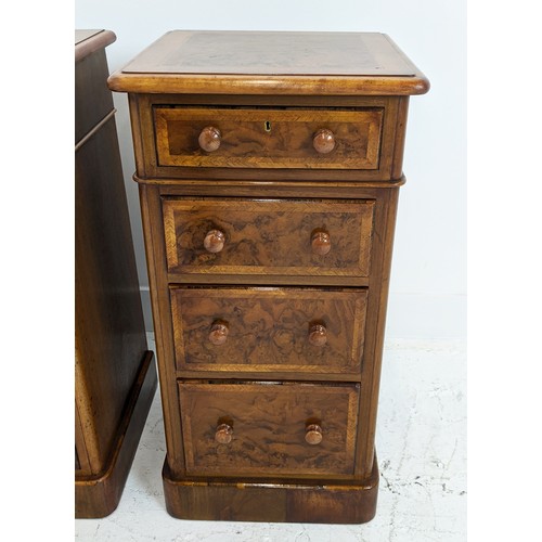 340 - BEDSIDE CHESTS, a pair, Victorian style burr walnut with four drawers, 73cm H x 37cm W x 36cm H. (2)