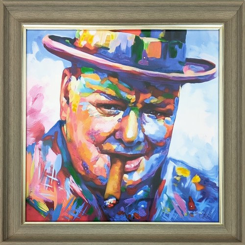 338 - CONTEMPORARY SCHOOL, PRINT OF CHURCHILL, framed, 87cm H x 87cm W.