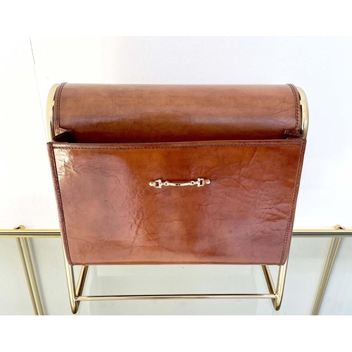 361 - READING RACK, tan leather and gilt metal, 39cm x 38cm x 20cm.