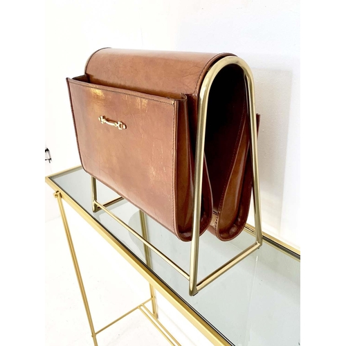 361 - READING RACK, tan leather and gilt metal, 39cm x 38cm x 20cm.