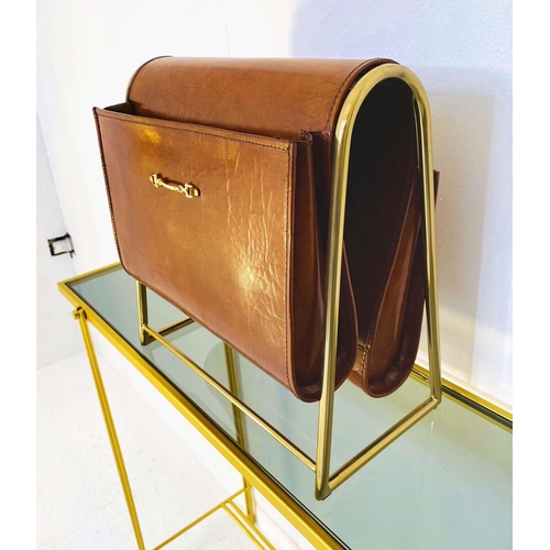 361 - READING RACK, tan leather and gilt metal, 39cm x 38cm x 20cm.