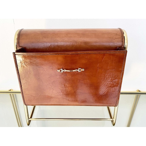 361 - READING RACK, tan leather and gilt metal, 39cm x 38cm x 20cm.