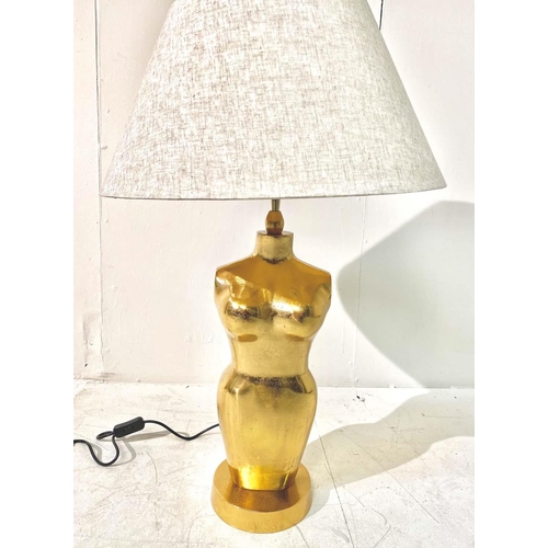 355 - TABLE LAMP, gilt metal nude female form with shade, 80cm H x 50cm W.