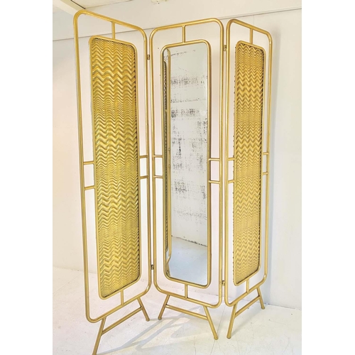 356 - DRESSING SCREEN, three fold, gilt metal with central mirror, 176cm H.