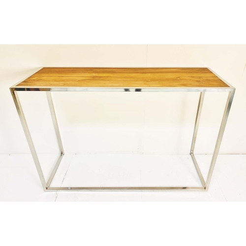 358 - CONSOLE TABLE, polished metal, natural wood top, 70cm x 101cm x 30cm.