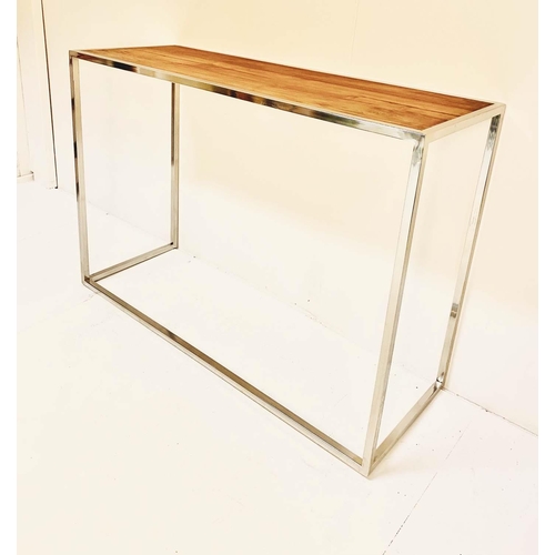 358 - CONSOLE TABLE, polished metal, natural wood top, 70cm x 101cm x 30cm.