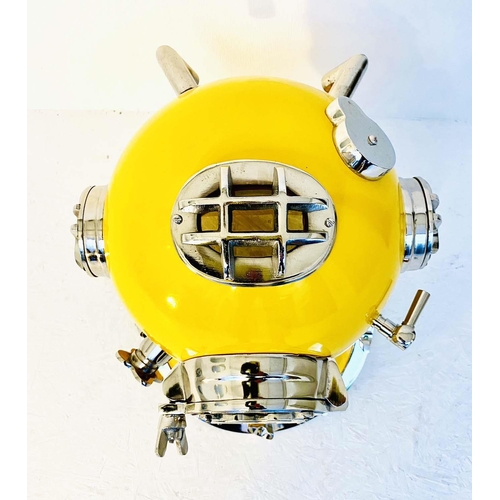 350 - DECORATIVE DIVERS HELMET, reproduction, in a yellow finish, 40cm H.