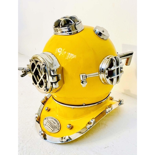 350 - DECORATIVE DIVERS HELMET, reproduction, in a yellow finish, 40cm H.