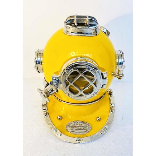 350 - DECORATIVE DIVERS HELMET, reproduction, in a yellow finish, 40cm H.