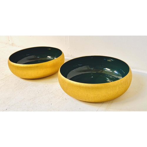 351 - SERVING BOWLS, a pair, gilt metal with green enamel interiors, 36cm W x 11cm H (2)