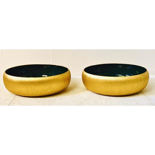 351 - SERVING BOWLS, a pair, gilt metal with green enamel interiors, 36cm W x 11cm H (2)