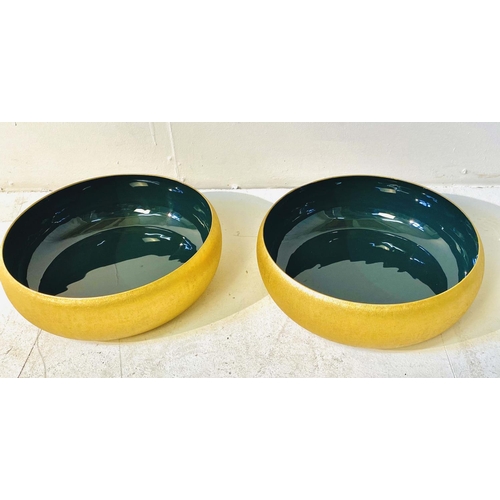 351 - SERVING BOWLS, a pair, gilt metal with green enamel interiors, 36cm W x 11cm H (2)