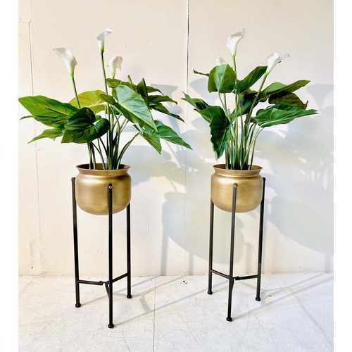 352 - FAUX PEACE LILLIES, a pair, in gilt metal planters, 110cm H (2)