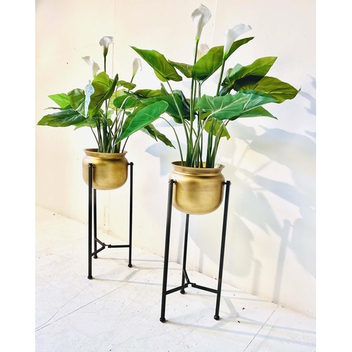 352 - FAUX PEACE LILLIES, a pair, in gilt metal planters, 110cm H (2)