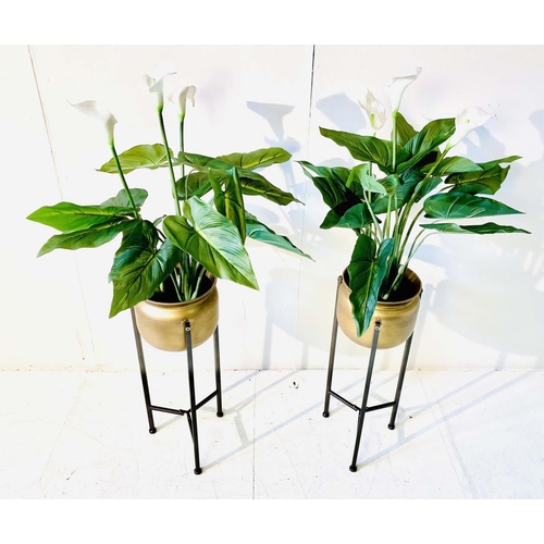 352 - FAUX PEACE LILLIES, a pair, in gilt metal planters, 110cm H (2)