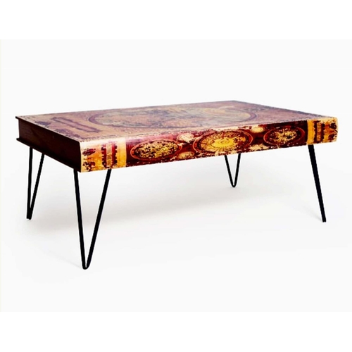 353 - LOW TABLE, faux atlas book top on metal hairpin legs, 110cm W x 70cm D x 45cm H.