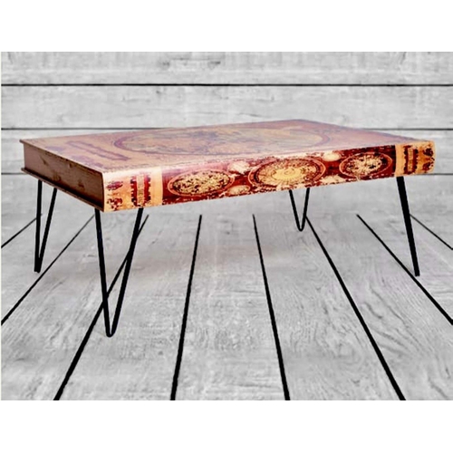 353 - LOW TABLE, faux atlas book top on metal hairpin legs, 110cm W x 70cm D x 45cm H.