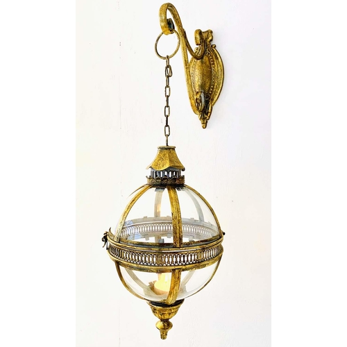 349 - WALL HANGING GLOBE CANDLE LANTERNS, a pair, Regency style gilt metal, 80cm H x 25cm. (2)