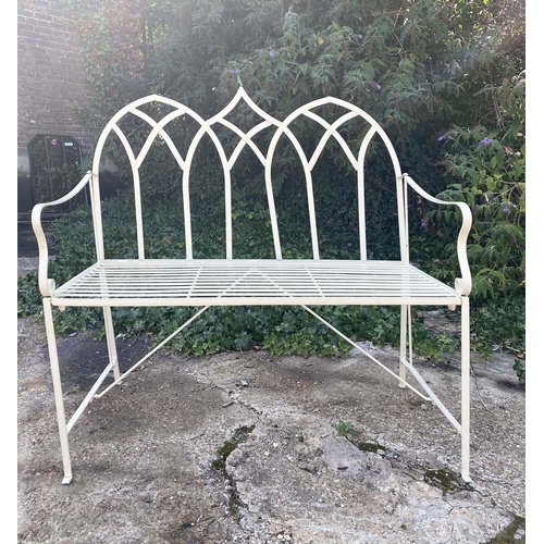 346 - GARDEN BENCH, Gothic design white painted metal, 103cm H x 103cm W x 55cm D.