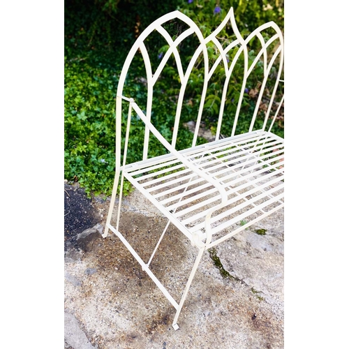 346 - GARDEN BENCH, Gothic design white painted metal, 103cm H x 103cm W x 55cm D.