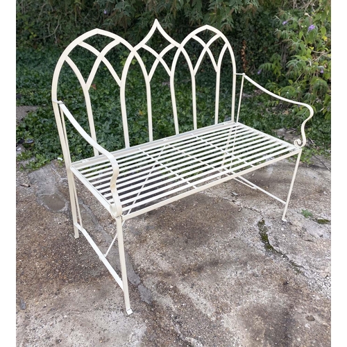 346 - GARDEN BENCH, Gothic design white painted metal, 103cm H x 103cm W x 55cm D.