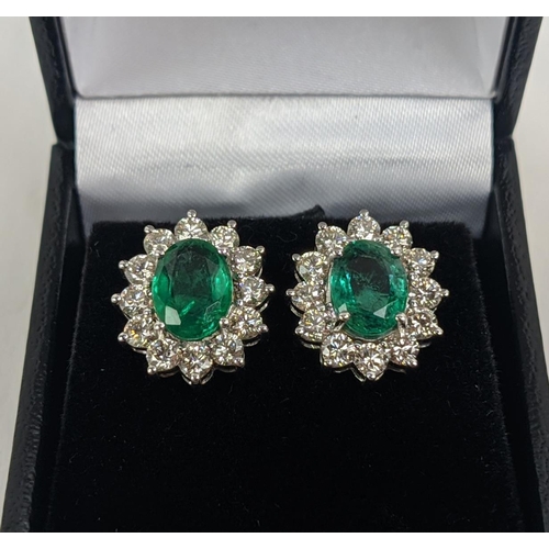 43 - A PAIR OF 18CT WHITE GOLD EMERALD AND DIAMOND CLUSTER STUD EARRINGS, the oval mixed cut emerald ston... 