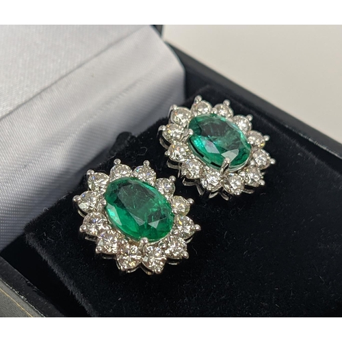 43 - A PAIR OF 18CT WHITE GOLD EMERALD AND DIAMOND CLUSTER STUD EARRINGS, the oval mixed cut emerald ston... 