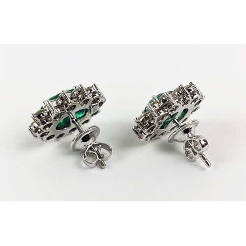 43 - A PAIR OF 18CT WHITE GOLD EMERALD AND DIAMOND CLUSTER STUD EARRINGS, the oval mixed cut emerald ston... 