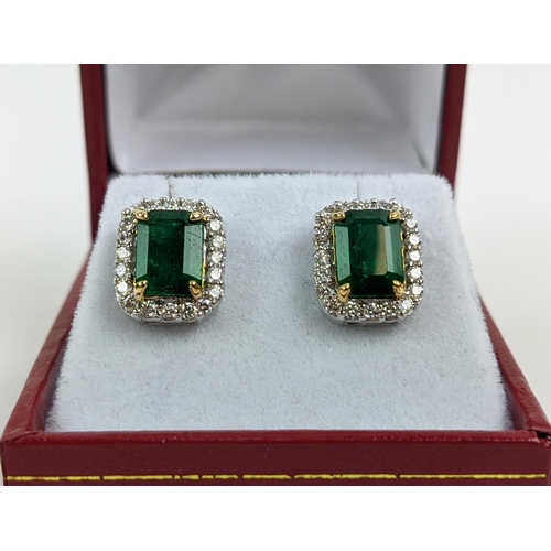 39 - A PAIR OF 18CT WHITE GOLD EMERALD AND DIAMOND STUD EARRINGS, step cut emeralds of approximately 3.23... 