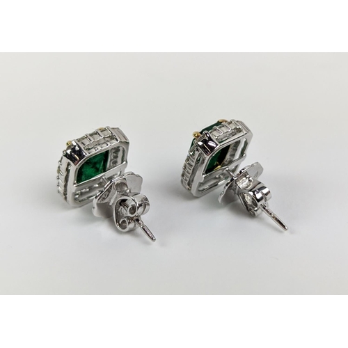 39 - A PAIR OF 18CT WHITE GOLD EMERALD AND DIAMOND STUD EARRINGS, step cut emeralds of approximately 3.23... 