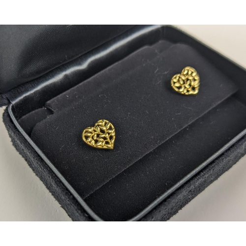 54 - A PAIR OF TIFFANY 18CT GOLD STUD EARRINGS, in the form of hearts with pierced foliage design, comple... 