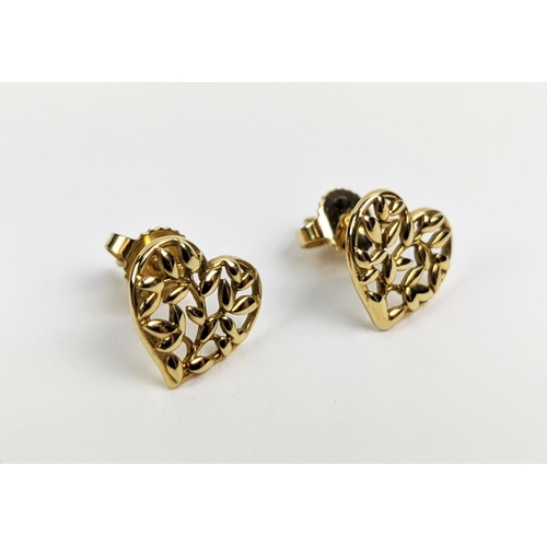 54 - A PAIR OF TIFFANY 18CT GOLD STUD EARRINGS, in the form of hearts with pierced foliage design, comple... 