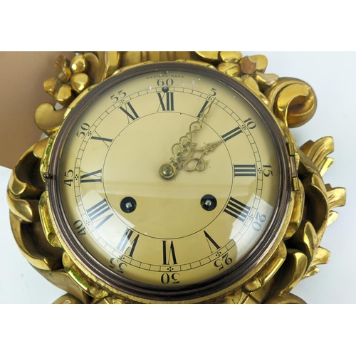 15 - SWEDISH CARTEL CLOCK, Rococo style giltwood, 58cm H x 35cm W.