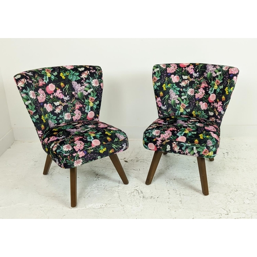 208 - COCKTAIL CHAIRS, a pair, newly upholstered in flower and butterfly patterned velvet, 74cm H x 66cm W... 