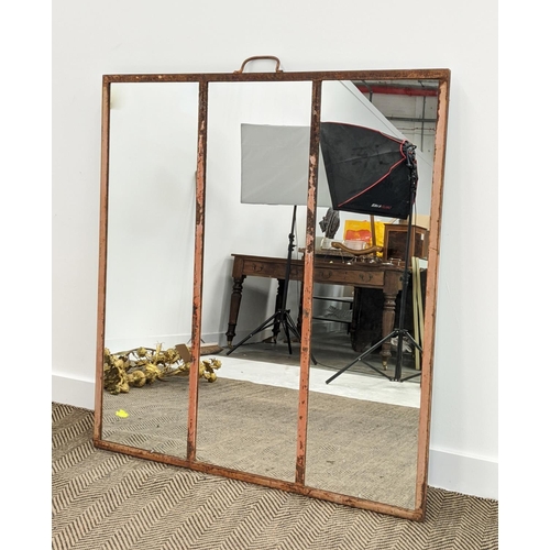 317 - ARCHITECTURAL WALL MIRROR, segmented plate, oxidised frame, 110.5cm x 128cm.