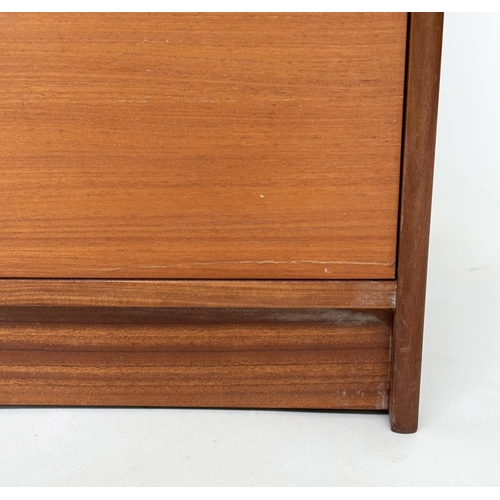 566 - TALL CHEST, 1970s teak with five long drawers and hardwood bale handles, 69cm W x 42cm D x 91cm H.