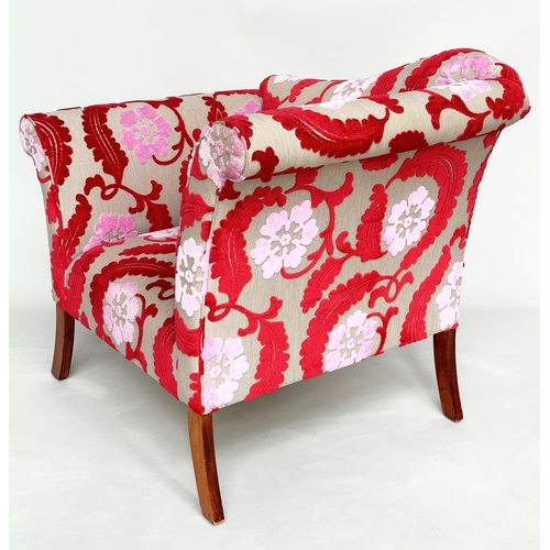 572 - ARMCHAIR/CHAISE, cut velvet upholstered with chaise humpback and scroll arms, 104cm W.