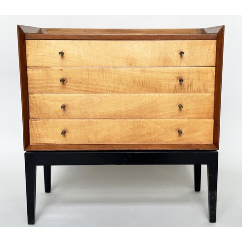 560 - CHEST, 1970s maple with four long drawers ¾ gallery and ebonised supports, 77cm W x 77cm H x 41cm D.