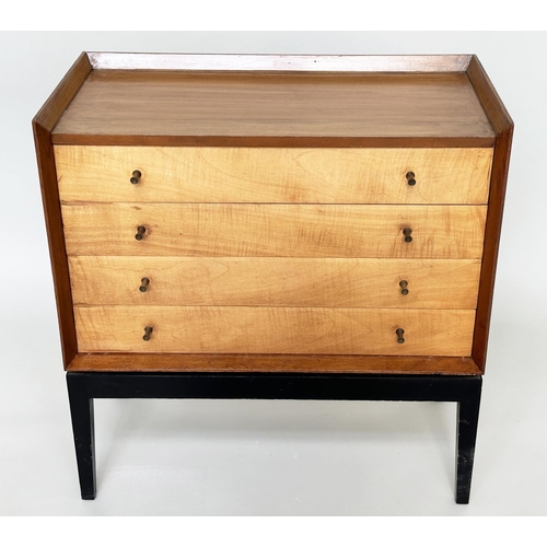 560 - CHEST, 1970s maple with four long drawers ¾ gallery and ebonised supports, 77cm W x 77cm H x 41cm D.