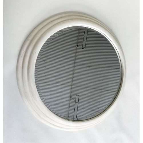 246 - CIRCULAR WALL MIRROR, grey Bibendum style with bevelled glass, 110cm W.