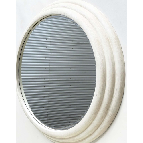 246 - CIRCULAR WALL MIRROR, grey Bibendum style with bevelled glass, 110cm W.