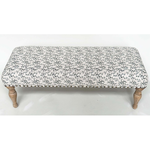 234 - WINDOW SEAT, rectangular with close nailed eucalytus printed cotton upholstery and turned supports, ... 